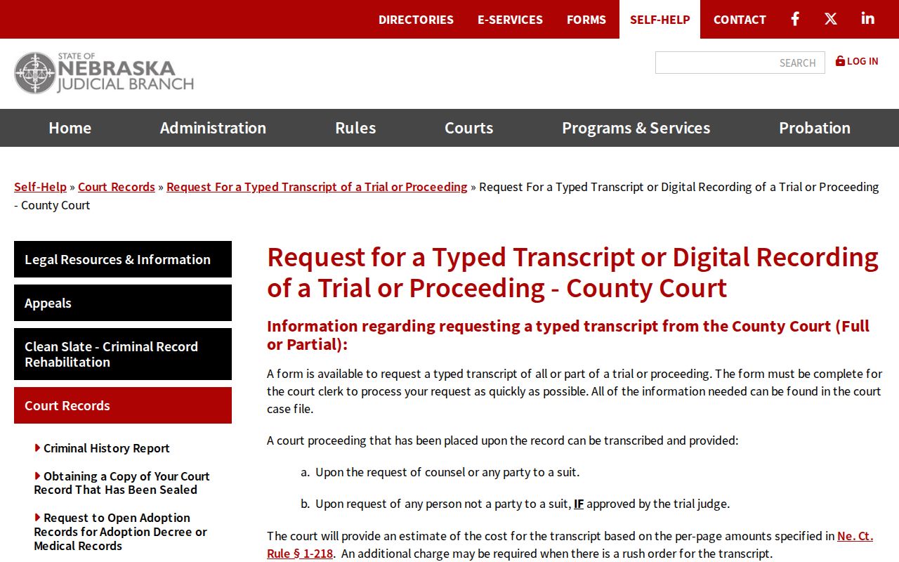 Burt County court record transcript and digital audio request workflow
