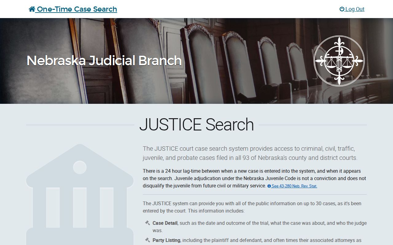 Burt County case lookup Nebraska JUSTICE one-time court record search