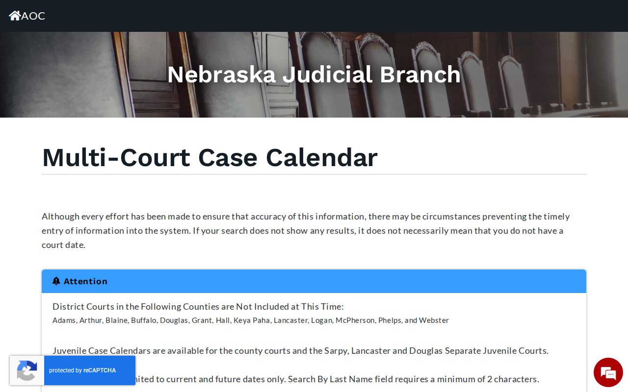 Burt County court calendar record search with County Court and District Court selectors